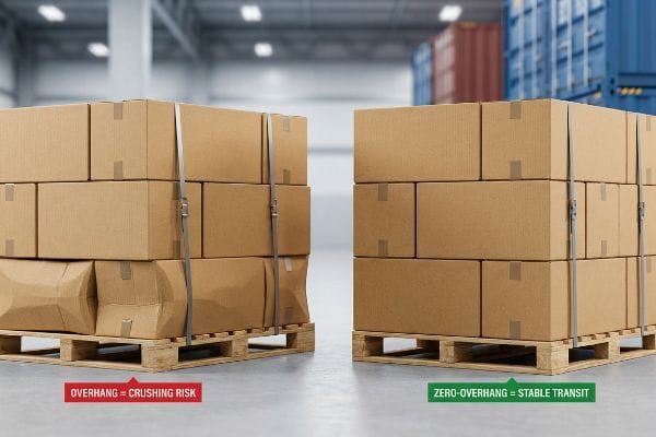 Brown cardboard boxes on two wooden pallets, one demonstrating