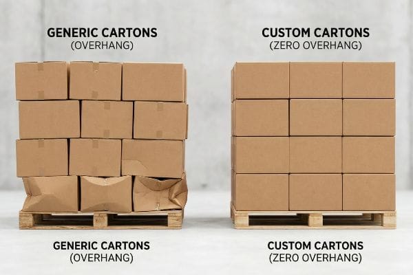 Damaged Generic Cartons (Overhang) on a pallet contrasted with stable Custom Cartons (Zero Overhang) demonstrating proper fit and compression strength.