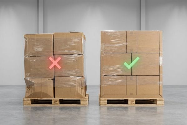 Two pallets of shrink-wrapped cardboard boxes in a warehouse; one shows damaged, overhanging generic boxes with a red X, while the other features perfectly aligned, undamaged custom packaging with a green checkmark, demonstrating load stability.