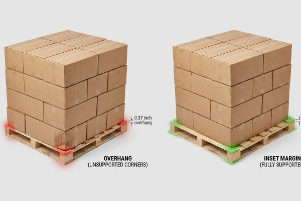 Brown cardboard boxes on pallets show 0.37 inch Overhang (Unsupported Corners) versus Inset Margin (Fully Supported).