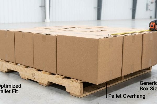 Brown cardboard boxes on a wooden pallet, illustrating Pallet Overhang from Generic Box Size compared to Optimized Pallet Fit, with a measuring tape.
