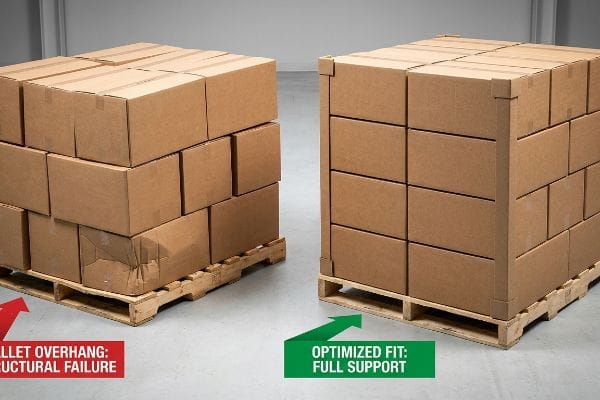 Brown cardboard boxes on pallets, illustrating pallet overhang causing structural failure versus optimized fit with full support.