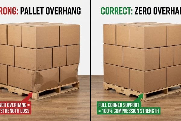 Pallet overhang comparison: Wrong shows half-inch overhang, 60% strength loss; Correct shows zero overhang, 100% compression strength.