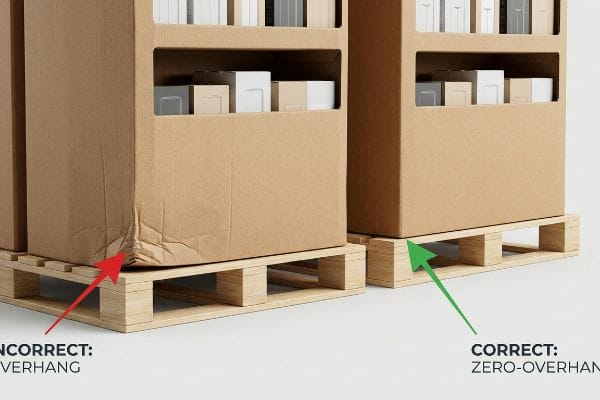 Brown corrugated master cartons on wooden pallets, demonstrating Correct Zero-Overhang for structural integrity versus Incorrect Overhang causing a buckled corner.
