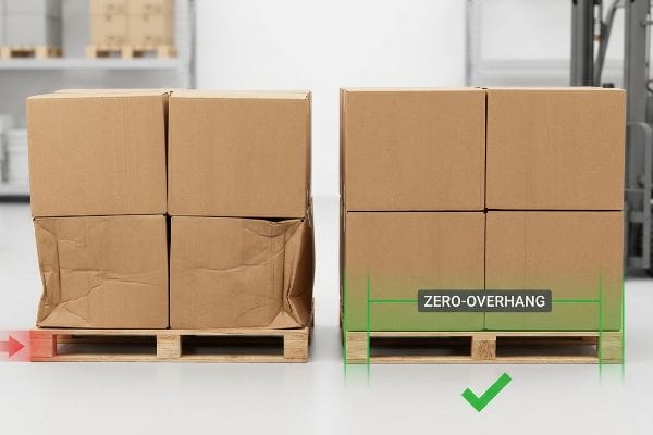 Corrugated master cartons on pallets, illustrating damaged boxes from pallet overhang versus stable Zero-Overhang stacking.