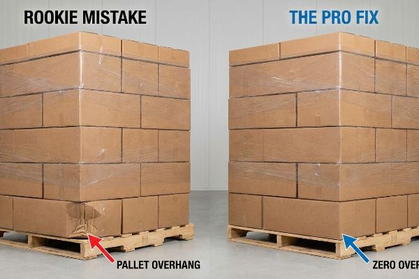 Shrink-wrapped cardboard boxes on pallets, showing a 'Rookie Mistake' with pallet overhang causing a crushed box corner, versus 'The Pro Fix' with zero overhang for stable stacking.