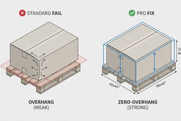 A detailed diagram illustrates pallet overhang, showing a 'Standard Fail' with 'Overhang (Weak)' causing master carton collapse versus a 'Pro Fix' with 'Zero-Overhang (Strong)' maintaining 100% BCT strength on a 48x40 pallet.