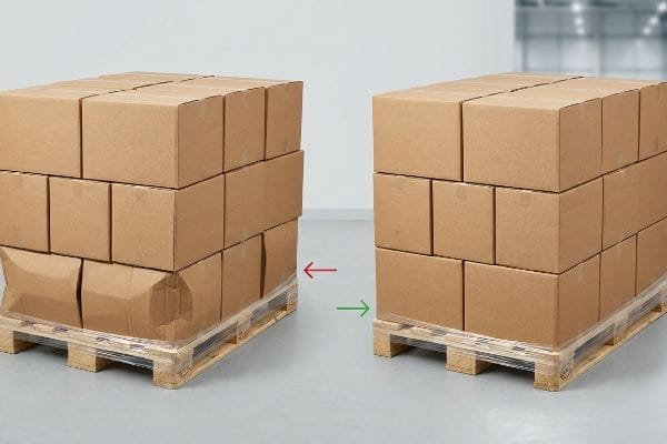 Brown cardboard boxes on pallets, illustrating crushed bottom-tier boxes due to pallet overhang versus stable, zero-overhang stacking.