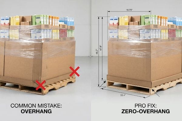 Palletized cardboard boxes illustrate 'Common Mistake: Overhang' versus 'Pro Fix: Zero-Overhang' with dimensions 16.75