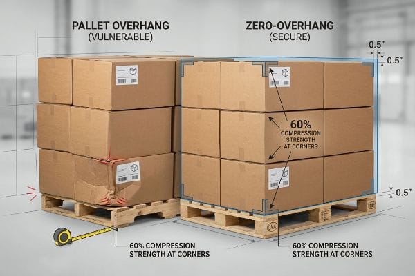 Vulnerable pallet overhang with crushed boxes contrasted with secure zero-overhang, highlighting 60% corner compression strength and 0.5-inch margin.