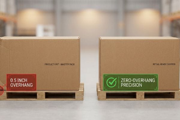Brown corrugated boxes on pallets: 0.5 Inch Overhang (Product Unit - Master Pack) vs. Zero-Overhang Precision (Retail-Ready Shipper).
