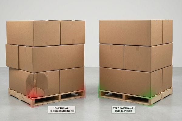 Brown corrugated boxes on pallets, contrasting damaged Overhang (Reduced Strength, red) with stable Zero Overhang (Full Support, green).