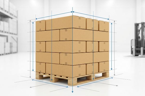 Brown cardboard master cartons stacked on a wooden pallet, blue lines show precise stacking geometry for optimal pallet patterns and zero-overhang.