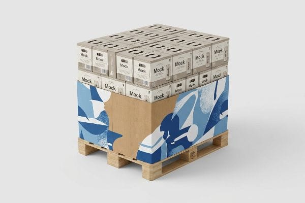 A stacked pallet display features a blue and white abstract pallet skirt, topped with multiple 'Mock' branded cardboard boxes.