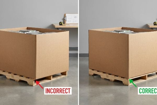 Corrugated master cartons on wooden pallets, comparing incorrect overhang (red arrow, 'Incorrect') to correct zero-overhang alignment (green arrow, 'Correct').