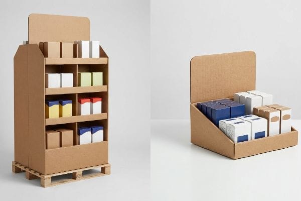 Brown corrugated cardboard POP floor display on a wooden pallet and a POS countertop display holding various white, blue, red, yellow, and green product boxes.
