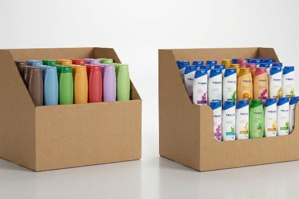 Brown corrugated cardboard end of aisle displays filled with Palmolive and colorful unbranded shampoo bottles.