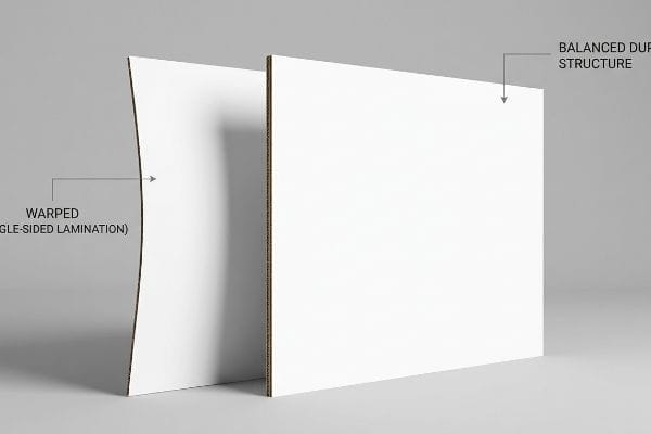 A warped Single-Sided Lamination panel contrasted with a flat Balanced Duplex Structure, illustrating exhibition panel stability.