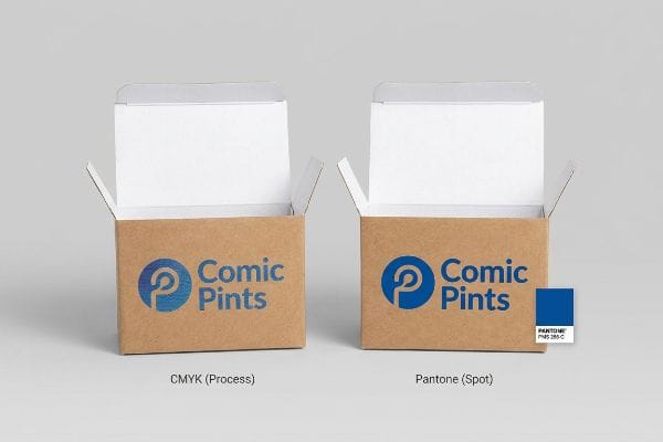 Two open kraft paper boxes display the Comic Pints logo, contrasting CMYK process printing with consistent Pantone PMS 286 C spot color.