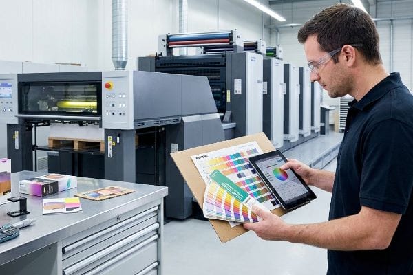 A man in safety glasses calibrates color on a tablet, comparing Pantone Color Bridge guides with a litho-press in the background.