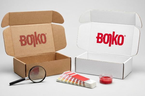 Natural brown and white Bojko corrugated boxes with red logos, Pantone swatches, and a magnifying glass for spot color accuracy.