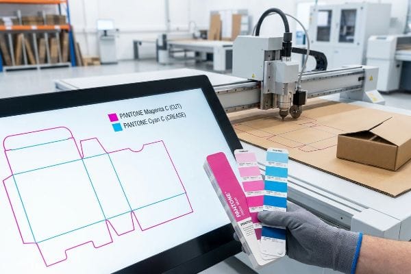 Pantone color swatches align with a digital dieline showing Pantone Magenta C (Cut) and Pantone Cyan C (Crease) lines, on a CNC cutting table.