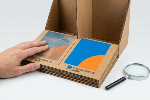Corrugated cardboard sample contrasts Four-Color Process (Muddy) and Spot Color Pantone Flood (Vibrant) printing, a hand touching.