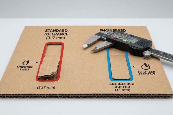 Papelão ondulado com tolerância padrão (3,17 mm) e expansão por umidade com uma margem de segurança projetada (+1 mm), medida por um paquímetro digital, mostrando a expansão do papel detectada para montagem sem rasgos.
