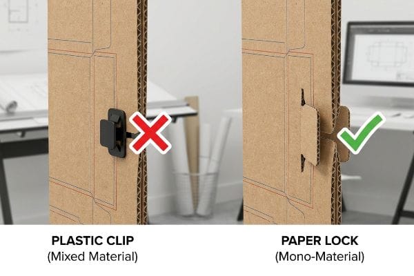 Corrugated cardboard panels compare a black Plastic Clip (Mixed Material) with an integrated Paper Lock (Mono-Material) for sustainable packaging.