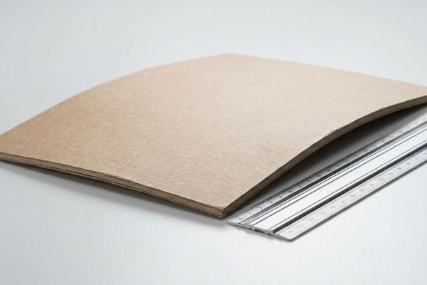 Una lámina curva de cartón marrón claro junto a una regla plateada ilustra la flexibilidad del material y su potencial de deformación por humedad.