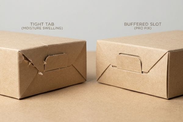 Kraft paperboard boxes: damaged Tight Tab (Moisture Swelling) versus intact Buffered Slot (Pro Fix) for carton assembly.