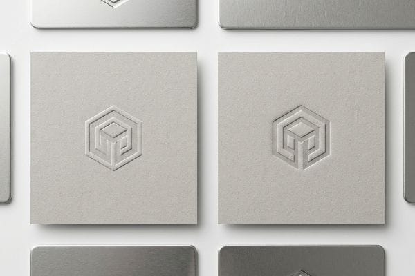 Two light grey paperboard cards feature a prominent embossed hexagonal logo, showcasing tactile graphics for premium packaging.