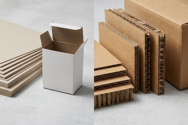 Diversos materiais de papelão são exibidos, incluindo folhas planas de papelão, uma caixa dobrável branca aberta e placas de papelão ondulado.
