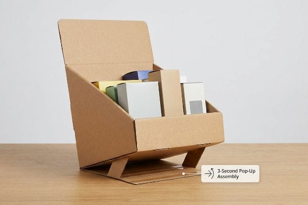 Brown corrugated cardboard PDQ display showcasing various small product boxes, featuring a 3-Second Pop-Up Assembly design.