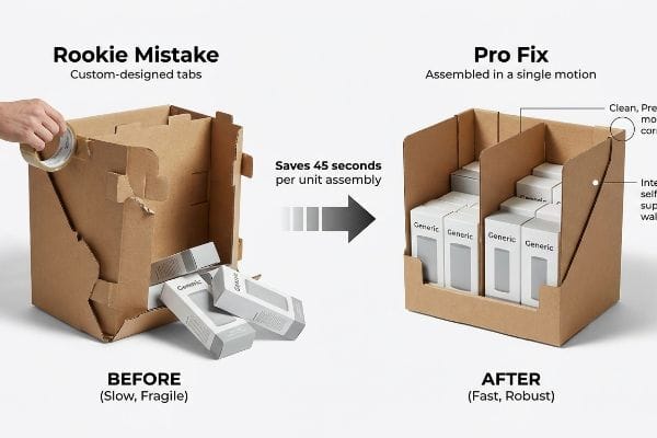 Corrugated PDQ display assembly comparison: Rookie Mistake with custom tabs and tape versus Pro Fix with pre-glued modular corners, saving 45 seconds.