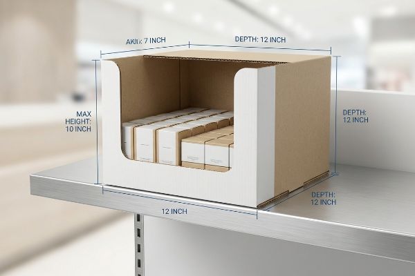 A brown and white corrugated PDQ box, filled with small product boxes, displays dimensions: Akid 7 Inch, Depth 12 Inch, and Max Height 10 Inch on a metal retail shelf.