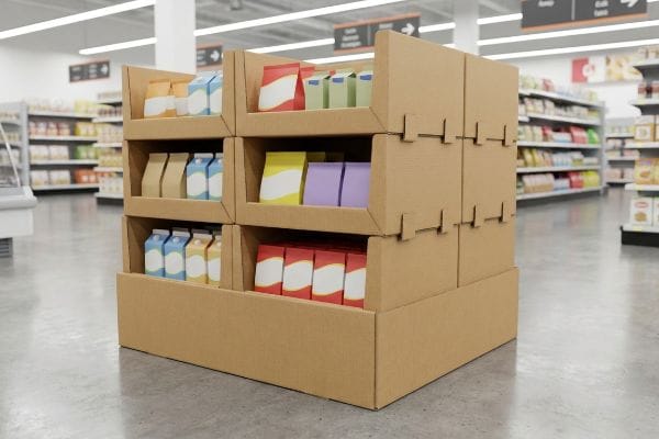 A retail supermarket aisle features a brown corrugated PDQ display unit, neatly stocked with diverse colorful packaged goods and cartons.