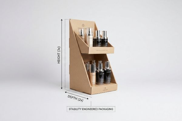 Brown kraft cardboard two-tier PDQ display holding Lancome cosmetic bottles, featuring Stability Engineered Packaging with a 2:3 depth-to-height ratio.