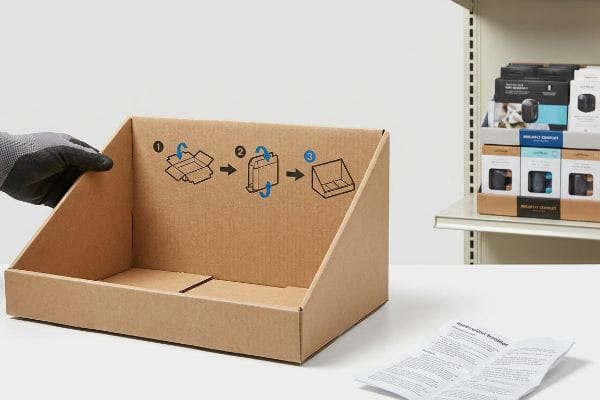 Brown E-flute cardboard PDQ display featuring visual assembly pictograms (1, 2, 3) on its back panel, held by a gloved hand.