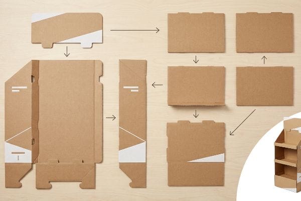 Assembly guide for a brown kraft cardboard PDQ display, showing flat pieces folding into a multi-shelf unit.