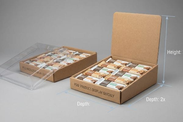 Two cardboard PDQ countertop merchandisers, one with a clear lid, filled with snack bars, displaying 'PDQ: Product Display Quickly'.