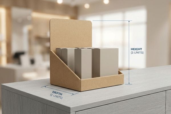 Kraft cardboard PDQ counter display holding product boxes, showing Height (3 Units) and Depth (2 Units) for stability.