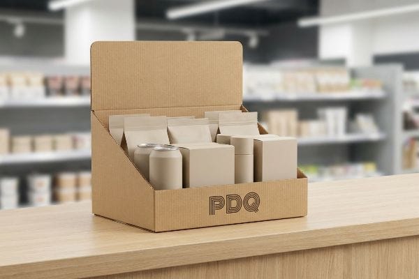A PDQ retail-ready display box, filled with unbranded pouches, cans, and boxes, sits on a light wooden counter in a store.