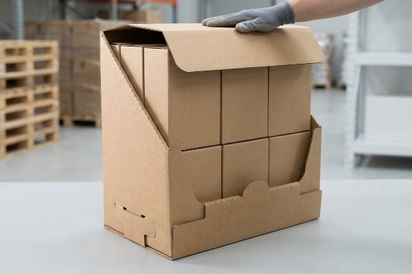 Brown corrugated PDQ display box, pre-filled with smaller boxes, being touched by a gloved hand in a warehouse setting.