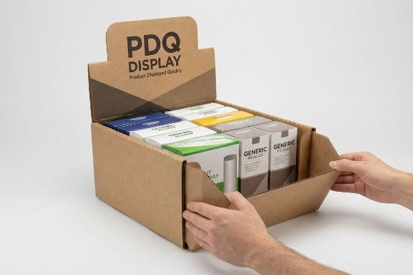 Brown corrugated PDQ Display, labeled