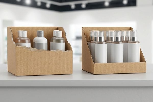 Expositores de papelão ondulado da PDQ com frascos de cosméticos, rótulos brancos e diversas tampas sobre um balcão branco.