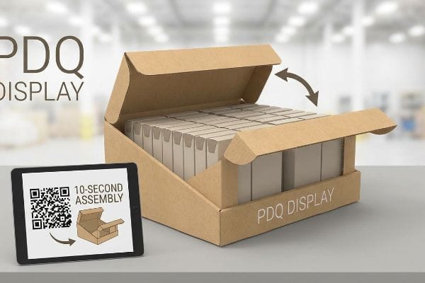 Caixa expositora PDQ de papelão ondulado marrom, repleta de produtos para venda, ao lado de um tablet com um código QR para montagem em 10 segundos.