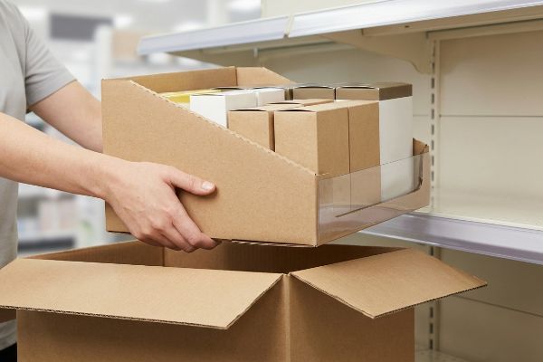 Brown cardboard display tray with pre-packed product boxes being lifted from a shipping box, illustrating retail-ready PDQ merchandising.