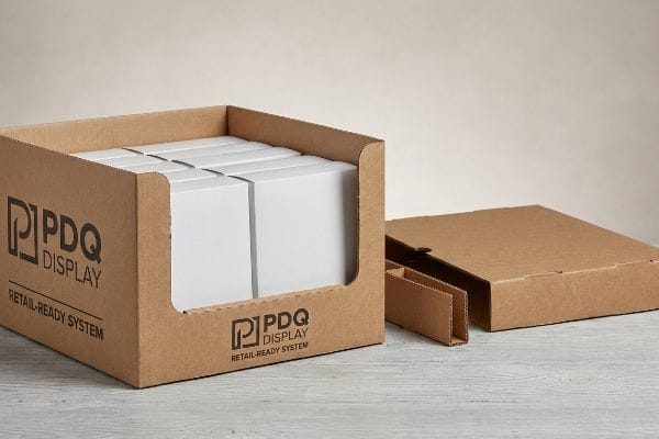 Brown corrugated PDQ Display Retail-Ready System tray, filled with white product boxes, next to a flat-packed shipping container.