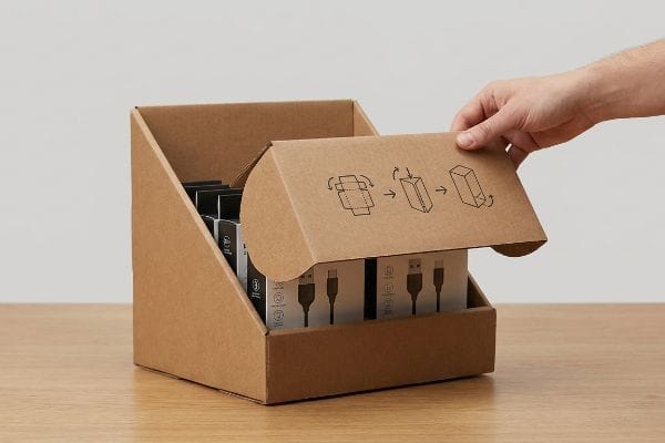 Brown cardboard PDQ display box with visual assembly diagrams printed on the flap, showcasing USB cable product boxes inside.